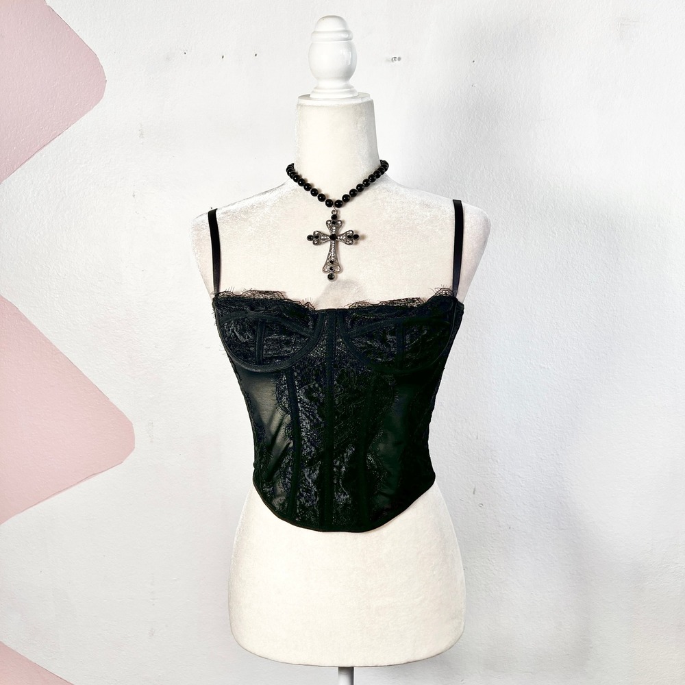 Black Corset Bustier Tank Top Sz Small Lace Gothic Vampire Witchy Grunge Emo